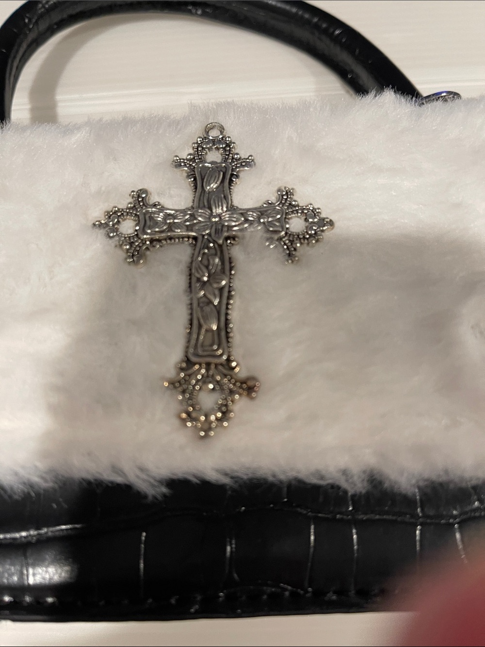 White Faux Fur Mini Top-Handle Bag with Ornate Cross Accent